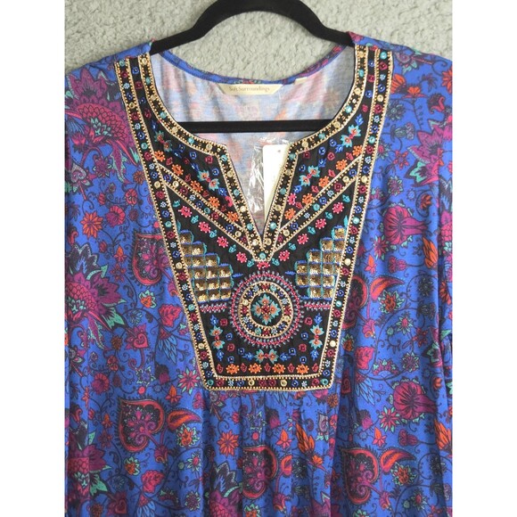 Soft Surroundings Top Womens M Blue Tamuri Embroidered Beaded Tunic Boho Hippie - Picture 2 of 11
